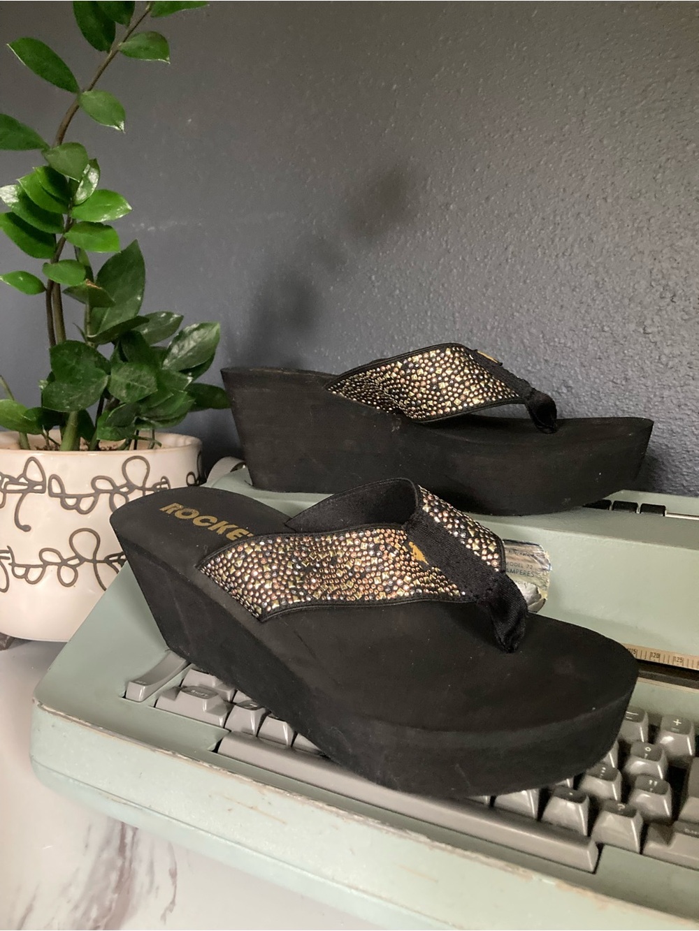Black Platform Wedge Flip Flops with embellished Strap